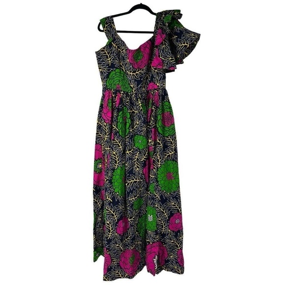 American Vintage Dresses & Skirts - Vintage Handmade Colorful Floral One Ruffle Shoulder Dress